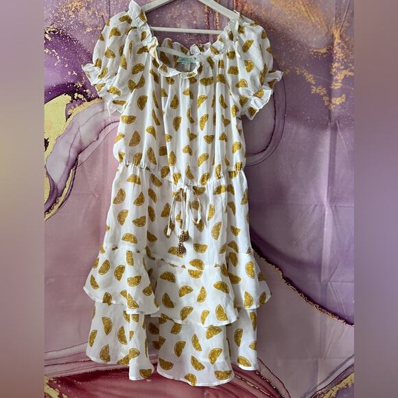 5/$30 True Destinations Lemon Print Tiered Off the Shoulder Dress Coverup - Picture 2 of 5